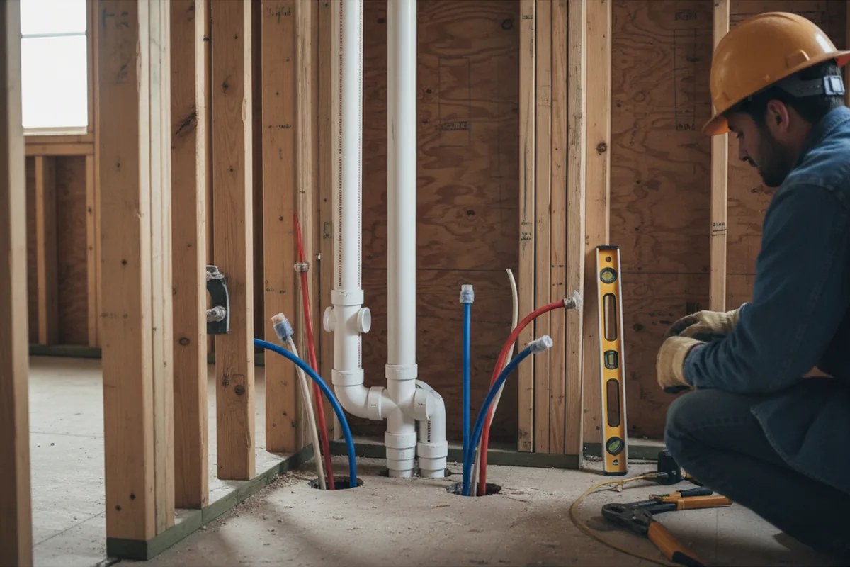Drain and supply rough-in during Sump Pump Repair in Culver